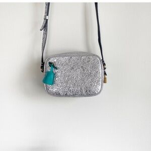 Mini Signet Bag in Italian Metallic Leather J. Crew silver crinkled with blue